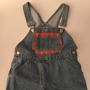Denim Overalls with Red Plaid Accent